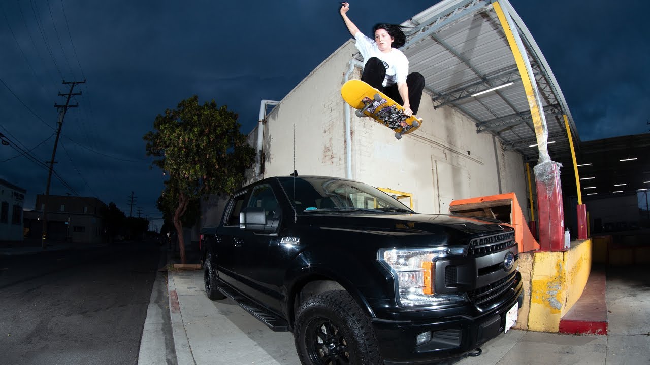 Nicole Hause jumps her truck on skateboard!